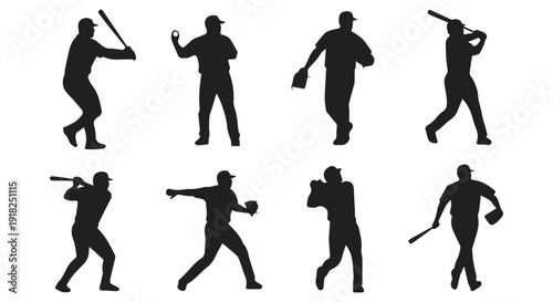 Baseball players in various poses, black silhouettes on Transparent Background, sports icons for design
