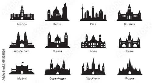 Collection of black silhouettes of famous European buildings and landmarks, including churches and cathedrals, on a Transparent Background.