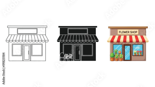Set of three storefront icons outline, silhouette and colored cartoon flower shop building with plants in window
