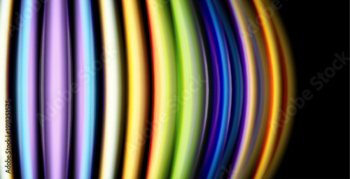 Abstract colorful stripes form curved pattern. Vivid hues blend, creating dynamic visual effect against black background.