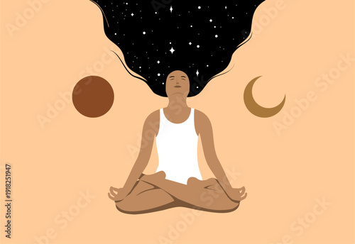 Vector illustration of a woman meditating in the lotus position.