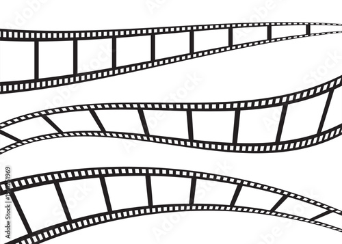 Film tape strips for movie, cinema reel. Filmstrip with frames, photo and videos for camera. Old white and black film tapes of 35mm. Roll with border for photography, isolated on background. Vector
