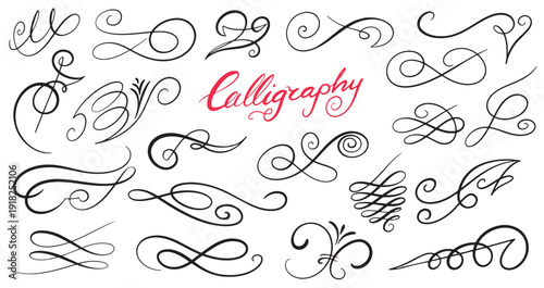 Set of simple Hand-drawn calligraphy flourishes and swirls. Dividers and curls for your invitation and gift card design. Wedding and luxury templates