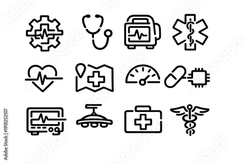 Medical and healthcare line icon set with stethoscope heart monitor first aid kit and caduceus symbols for hospital and emergency services