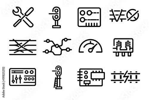 Railway infrastructure and train control system line icons including signals tracks tools and electrical components for transportation