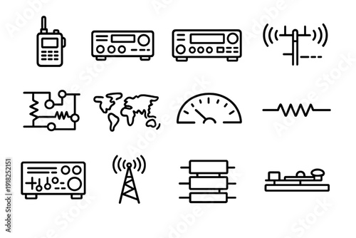 Amateur radio communication equipment and electronic component line icons including transceiver walkie talkie antenna and morse code key