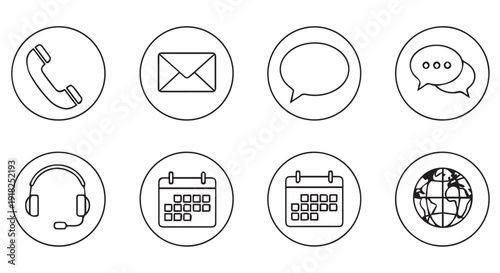 Set of eight line icons for communication, calendar, and contact, including phone, email, chat, and more.