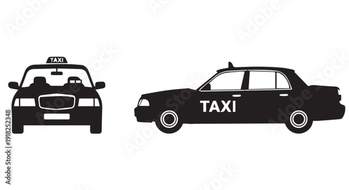Two taxi silhouette illustrations, one from the front and one from the side, with the word taxi on both.
