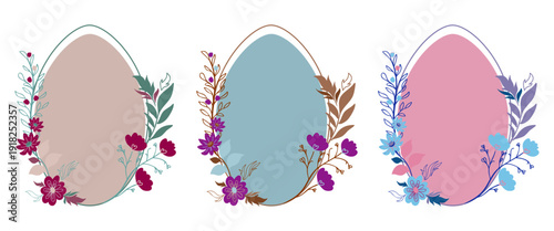 Vector set of floral egg frames for Easter and baby shower. Spring botanical frame design for greeting card, invitation and postcard template.