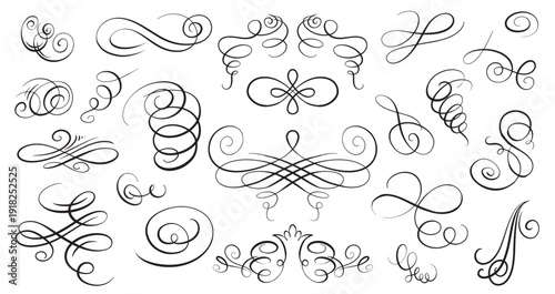 Set of simple Hand-drawn calligraphy flourishes and swirls. Dividers and curls for your invitation and gift card design. Wedding and luxury templates
