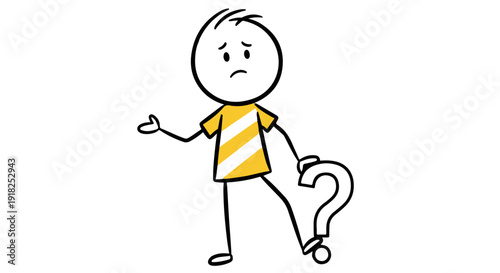A cartoon stick figure in a yellow and white striped shirt looks confused and unsure, with a question mark.
