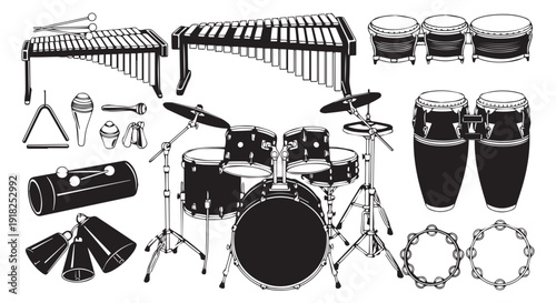 Collection of various percussion instruments including drums, xylophones, and tambourines in a black and white illustration.