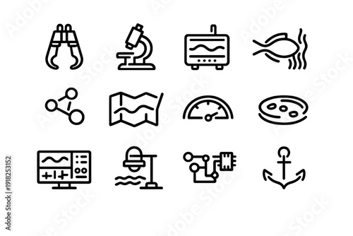 Science and marine research line icons including microscope anchor and circuit board symbols for laboratory and oceanography projects