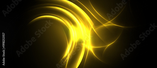 Bright yellow energy flows, curves radiate from central point. Dark background emphasizes luminous lines, creating abstract design.