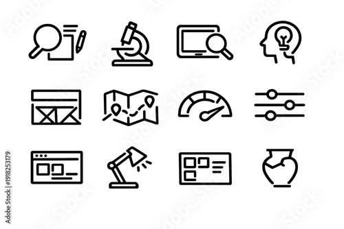 Black line icons for research analysis data science creative thinking and user interface design elements