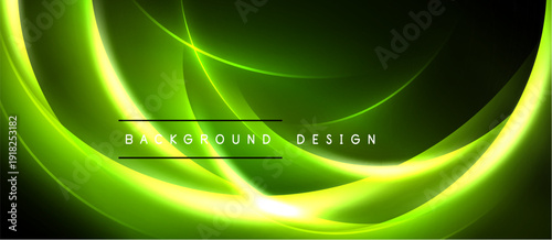 Bright green abstract lines flow over dark background. Smooth curves create dynamic visual effect. Text reads background design.