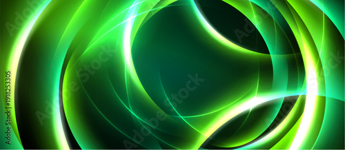 Abstract green energy flows, swirling lines create dynamic visual impact. Brightness contrasts with dark background. Modern design.
