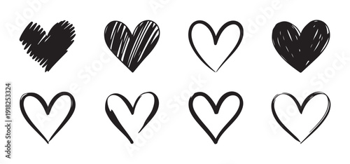 A large set of hand-drawn red heart icons with a scribble and sketch style. Romantic love symbols for Valentine's Day or wedding designs isolated on a white background