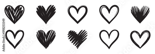 Hand drawn naive scribble heart shapes set. Sketch vector design elements for Valentine's day, wedding decorations