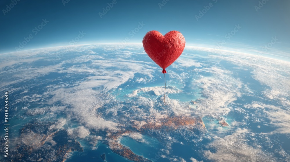 Fototapeta premium Heart-Shaped Balloon Floating Above Earth in a Clear Blue Sky, Symbolizing Love, Freedom, and Global Connection