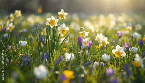Spring Awakening: Field of Daffodils and Crocuses in Green Grass — Symbol of Beauty and Renewal