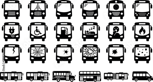 bus, transport, icon, silhouette, vehicle, transit, travel, public, urban, traffic, set, symbol, collection, flat, black