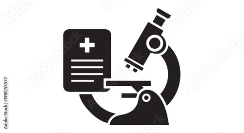 Simple black icon representing a microscope and medical document, symbolizing scientific research and healthcare on a Transparent Background.