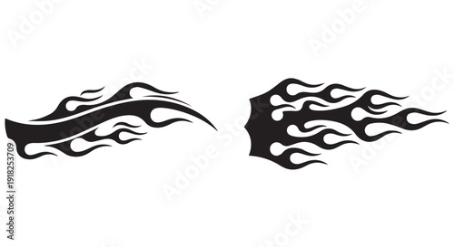Two black flame tattoo designs on Transparent Background, tribal style, abstract wave patterns.