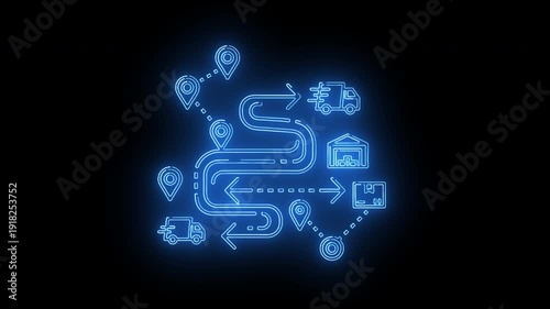 Glowing blue flowchart diagram with various icons and arrows on a black background.