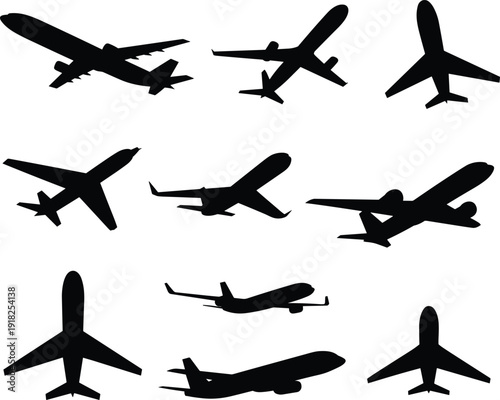 Airplane silhouettes collection, passenger jet aircraft in multiple flying angles, aviation transport icons isolated vector illustration set