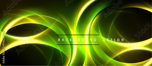 Bright green, yellow abstract lines create dynamic flowing shapes. Dark background emphasizes luminous curves, modern design element.