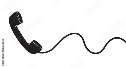 Black and white illustration of a vintage wired telephone receiver with a curly cord on a Transparent Background, symbolizing communication.