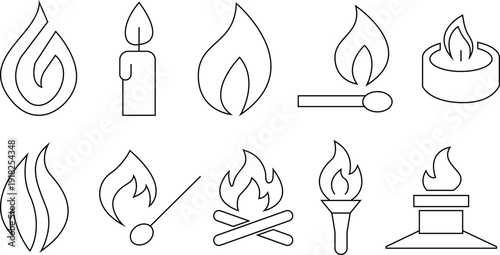 Collection of various flame and fire icons in different forms and settings