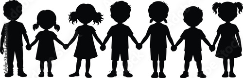 Children holding hands silhouette, diverse kids standing together, friendship unity teamwork concept isolated vector illustration