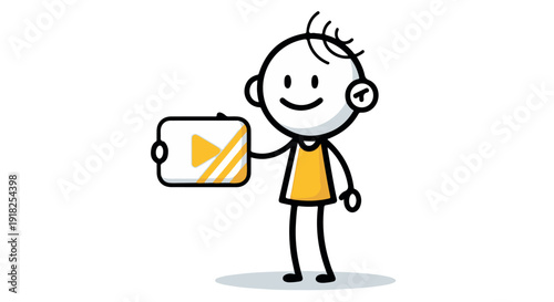 A cartoon character holding a video file icon, symbolizing video content creation or sharing, with a simple and friendly design.