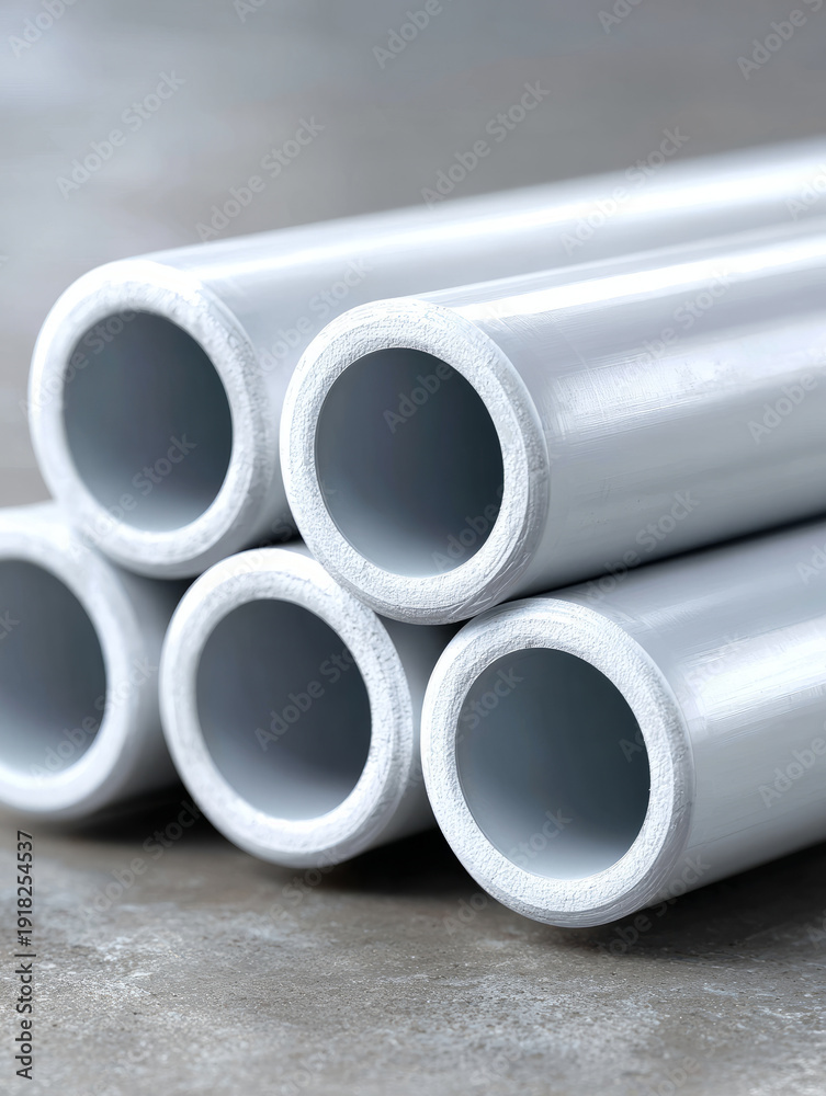Fototapeta premium Stack of industrial PVC pipes on concrete floor in warehouse