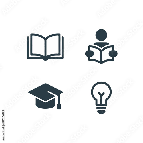 Education Icon Set – Book, Reading Person, Graduation Cap and Idea Light Bulb Vector Icons