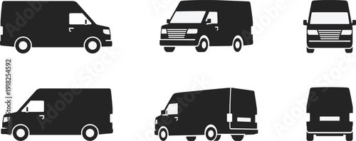 Delivery cargo van silhouettes collection, multiple vehicle views isolated, commercial transport service illustration, logistics shipping automotive vector set