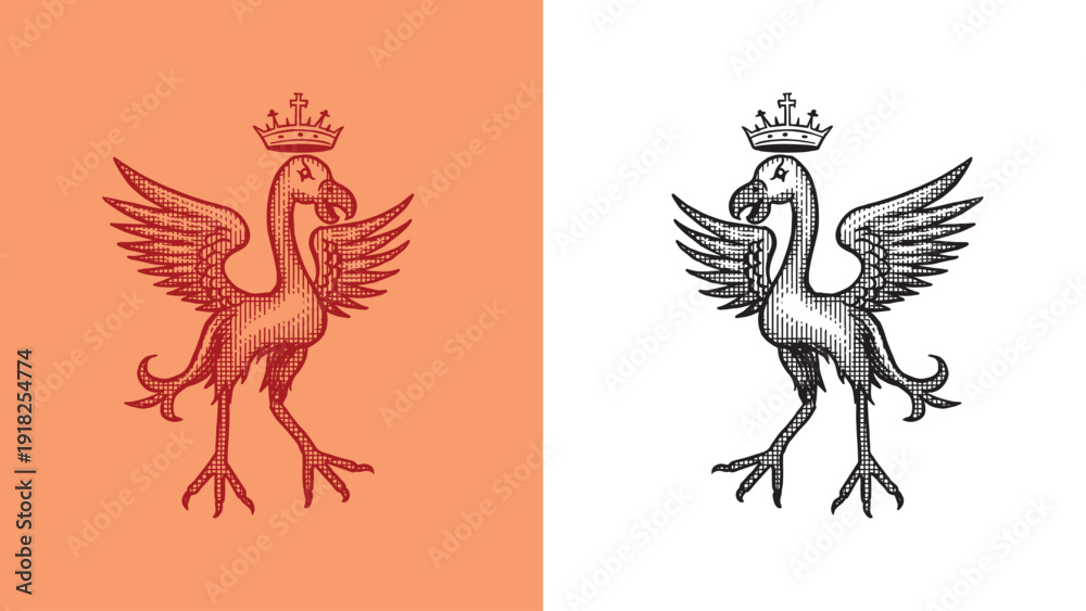 Obraz premium Heraldic flamingo or phoenix with crown for coat of arms design and shield. Hand drawn engraving in old traditional medieval style, modern made element for family symbols and templates