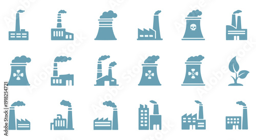 Collection of industrial factory and nuclear power plant icons in blue on Transparent Background, symbolizing industry and energy production.