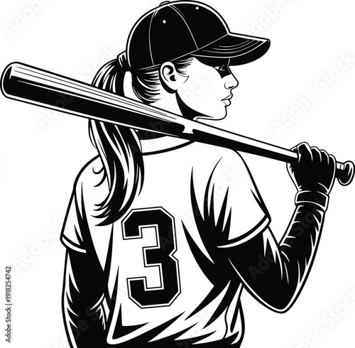 Female baseball player silhouette, woman holding bat on shoulder, softball athlete sports illustration isolated vector design