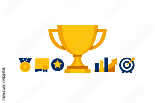 Gold trophy cup with success icons including medal certificate star chart and target for business achievement and winning concept