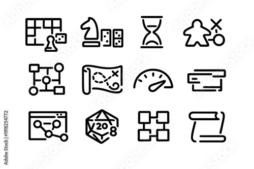 Collection of tabletop board game and strategy icons featuring dice chess pieces hourglass and map symbols on white background