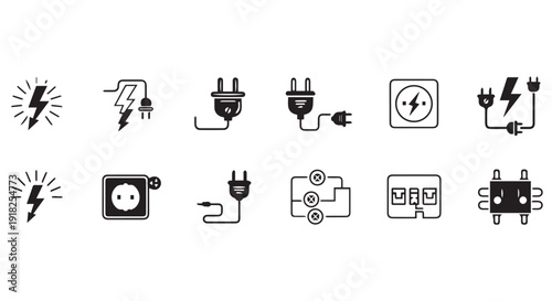 Electricity and power icons set including plugs, sockets, and lightning bolts for energy and technology concepts.