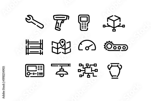 Logistics and industrial warehouse management symbols for manufacturing distribution supply chain tools and equipment storage inventory