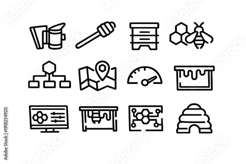 Beekeeping and honey production line icon set featuring beehive smoker honey dipper bee honeycomb and smart farming technology symbols