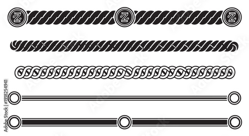 Collection of six different rope and chain border designs with circular elements on Transparent Background