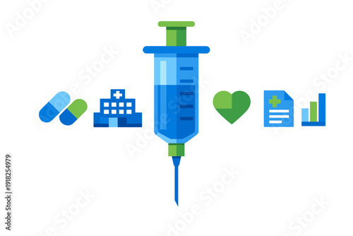 Healthcare and medicine concept with syringe pills hospital building heart shape and medical report icons