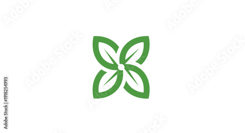 Four Green Stylized Leaves in Square Pattern Logo, Isolated White Background