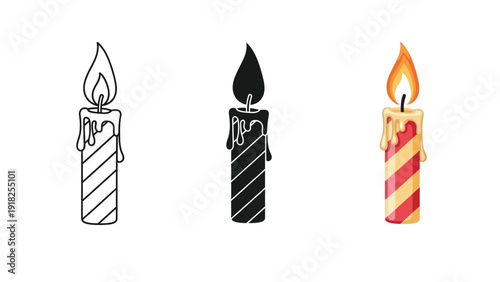Set of three birthday candles with burning flames, outline, silhouette and color illustration